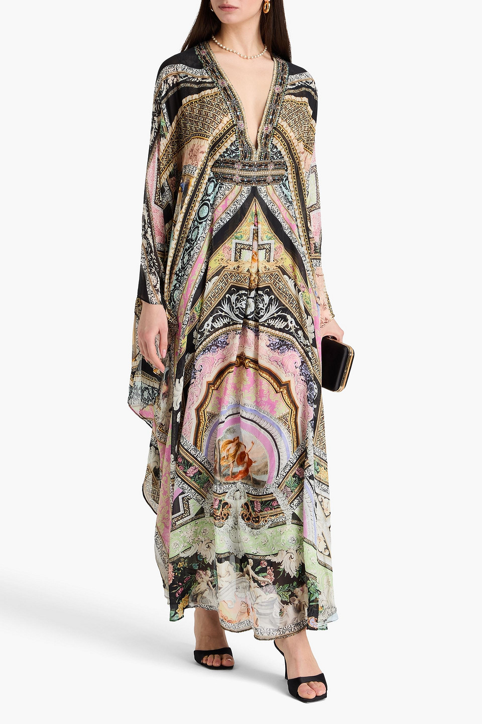 Shop Camilla Crystal-embellished Printed Silk Crepe De Chine Kaftan In Schwarz
