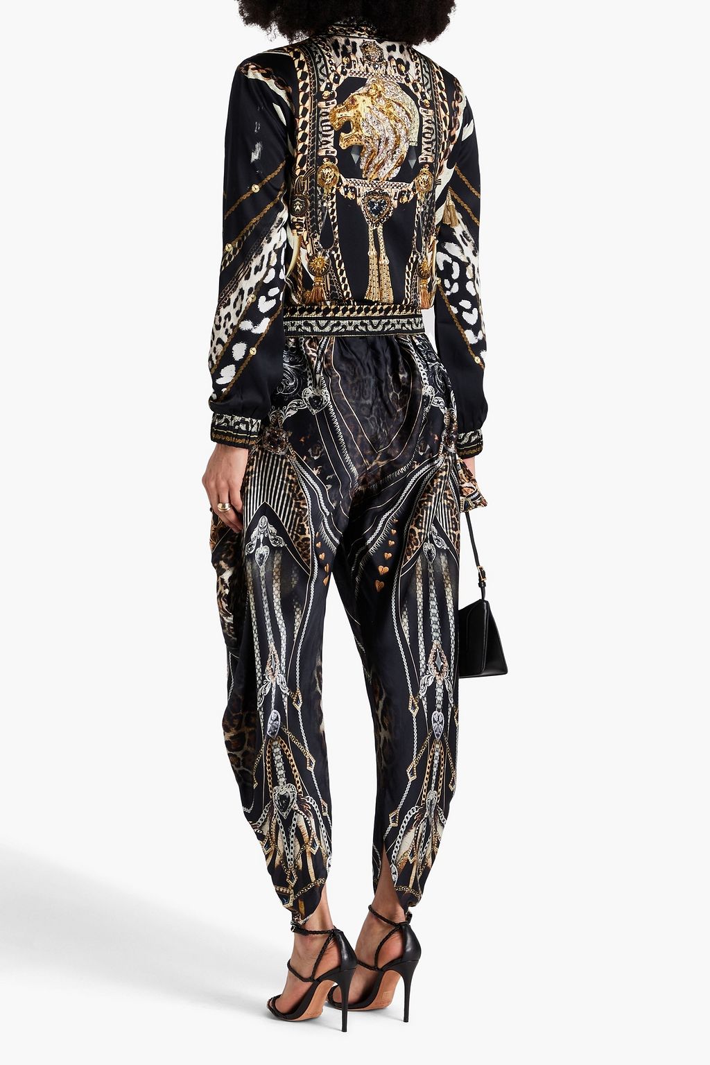 CAMILLA Crystal-embellished printed silk-satin tapered pants