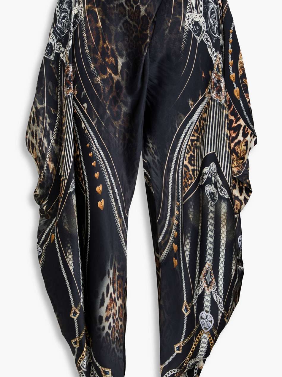 crystal-embellished printed silk-satin tapered pants