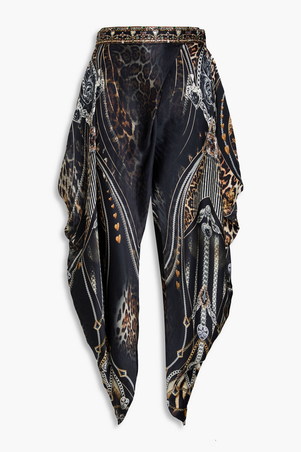 Camilla Crystal-embellished Printed Silk-satin Tapered Pants In Black