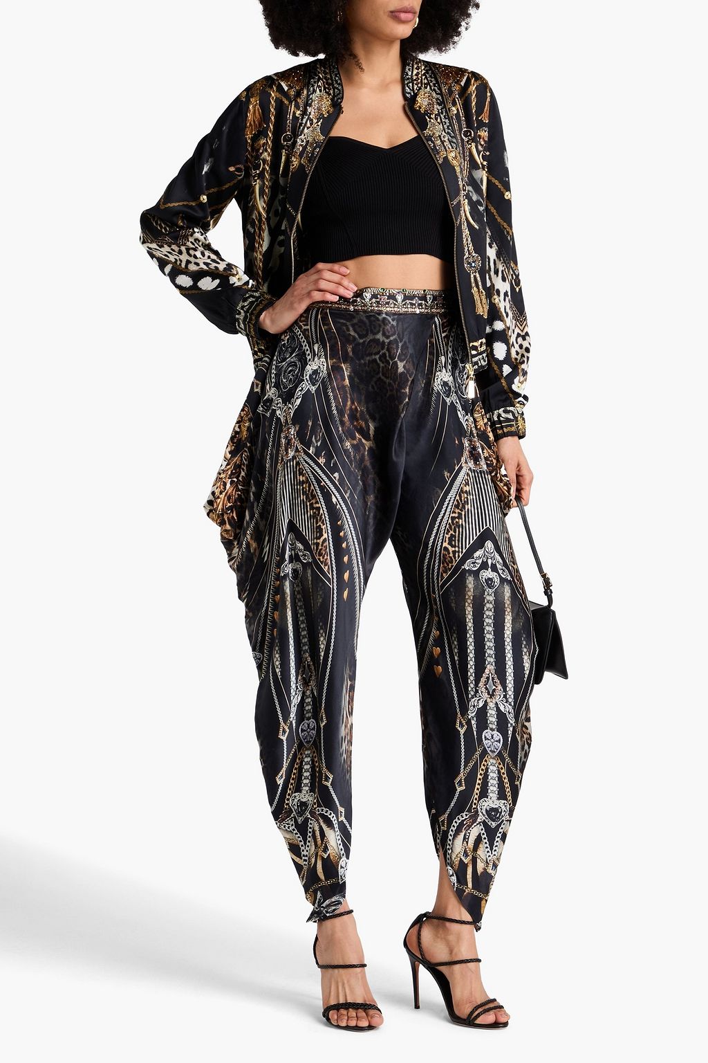 CAMILLA Crystal-embellished printed silk-satin tapered pants