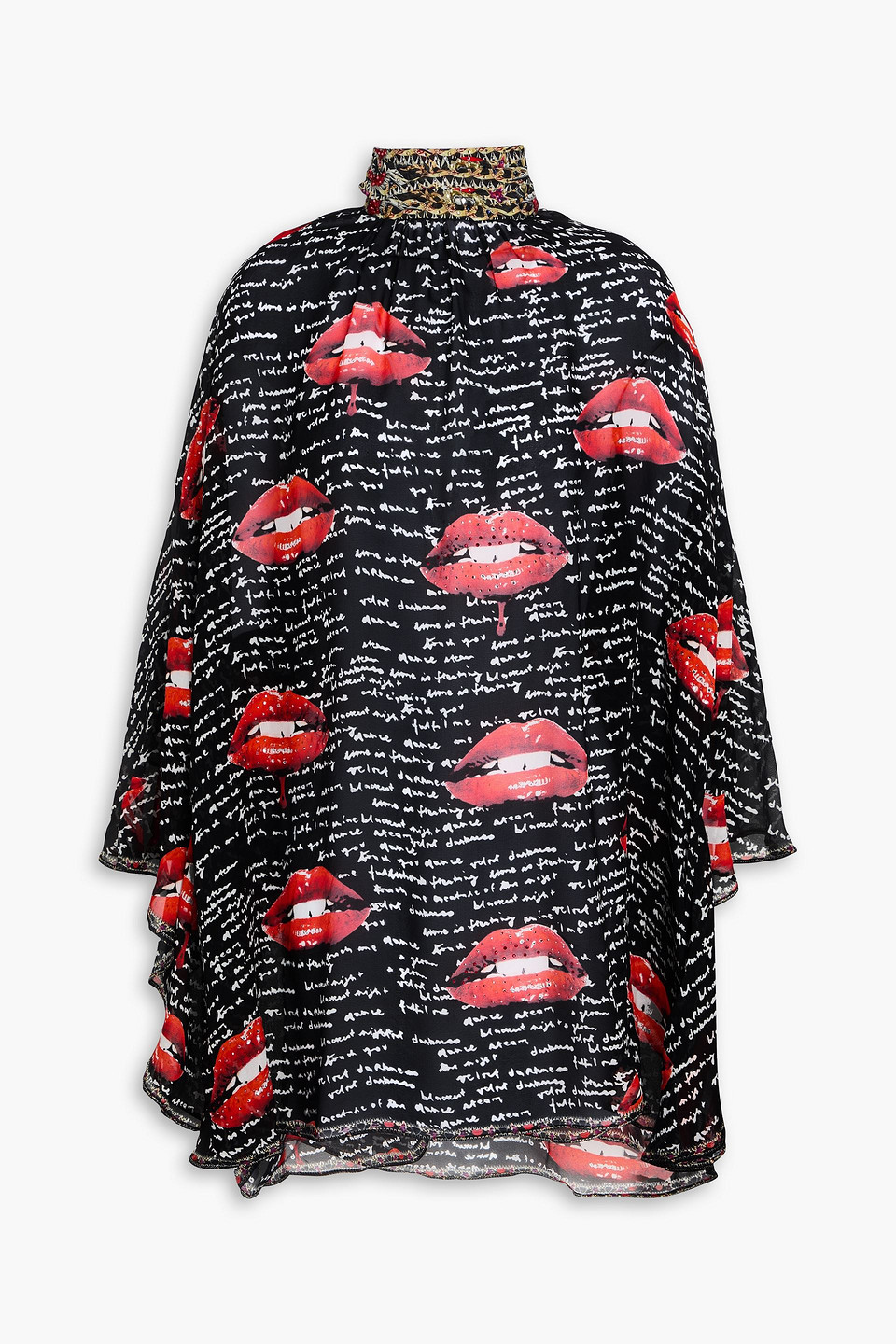 Crystal-embellished printed silk crepe de chine blouse