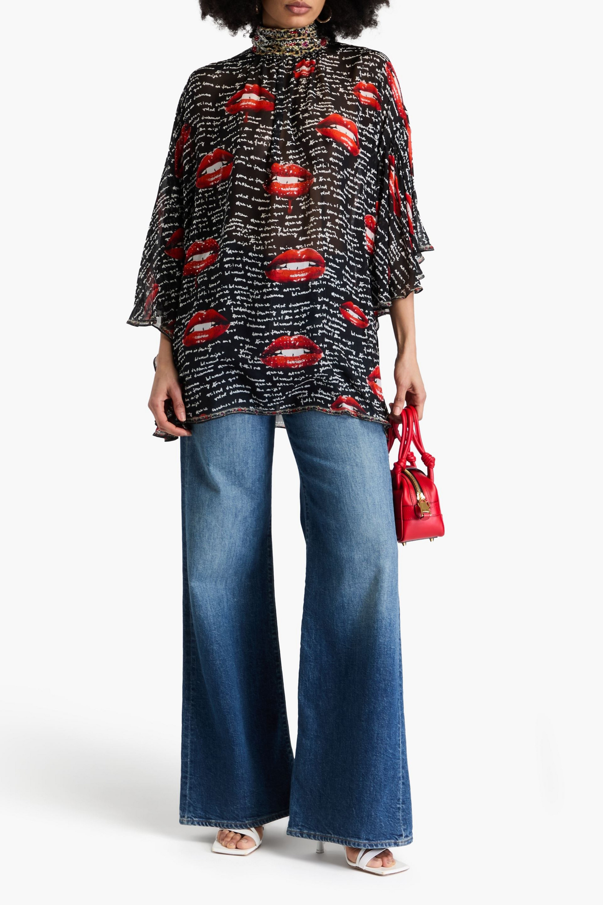 Camilla Crystal-embellished printed silk crepe de chine blouse