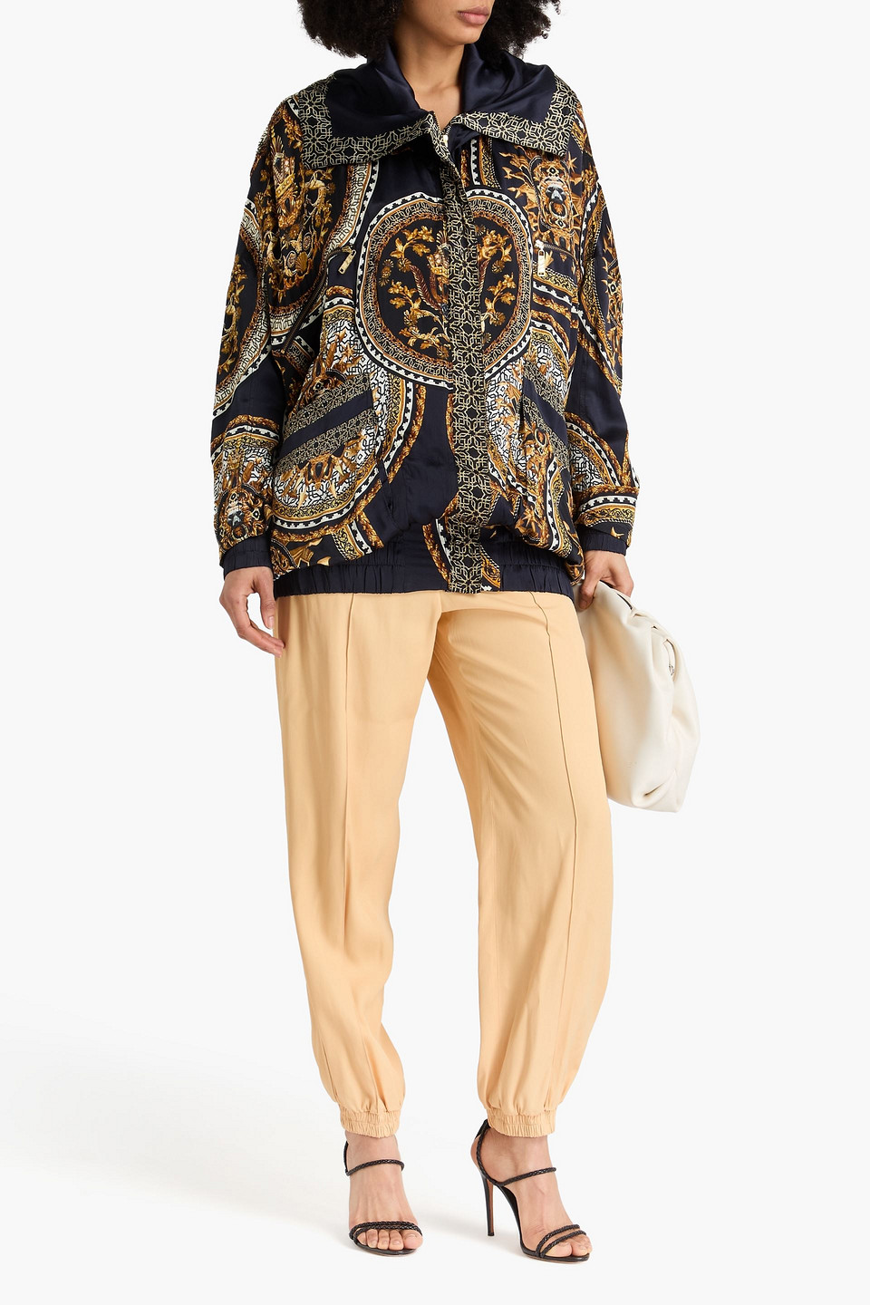 Shop Camilla Embellished Printed Silk-satin Jacket In Midnight Blue