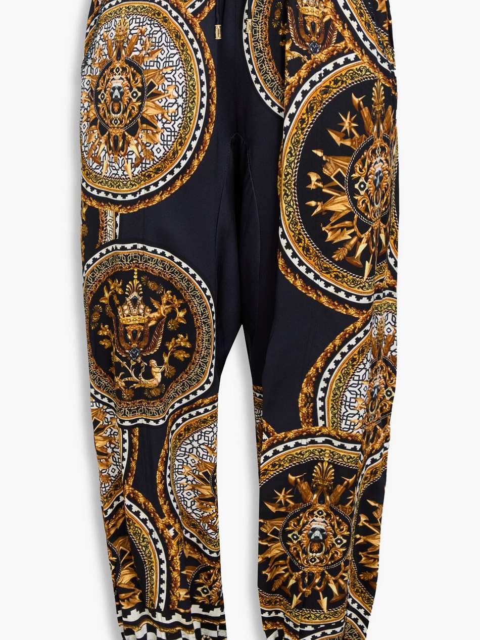 cropped crystal-embellished printed silk-satin tapered pants