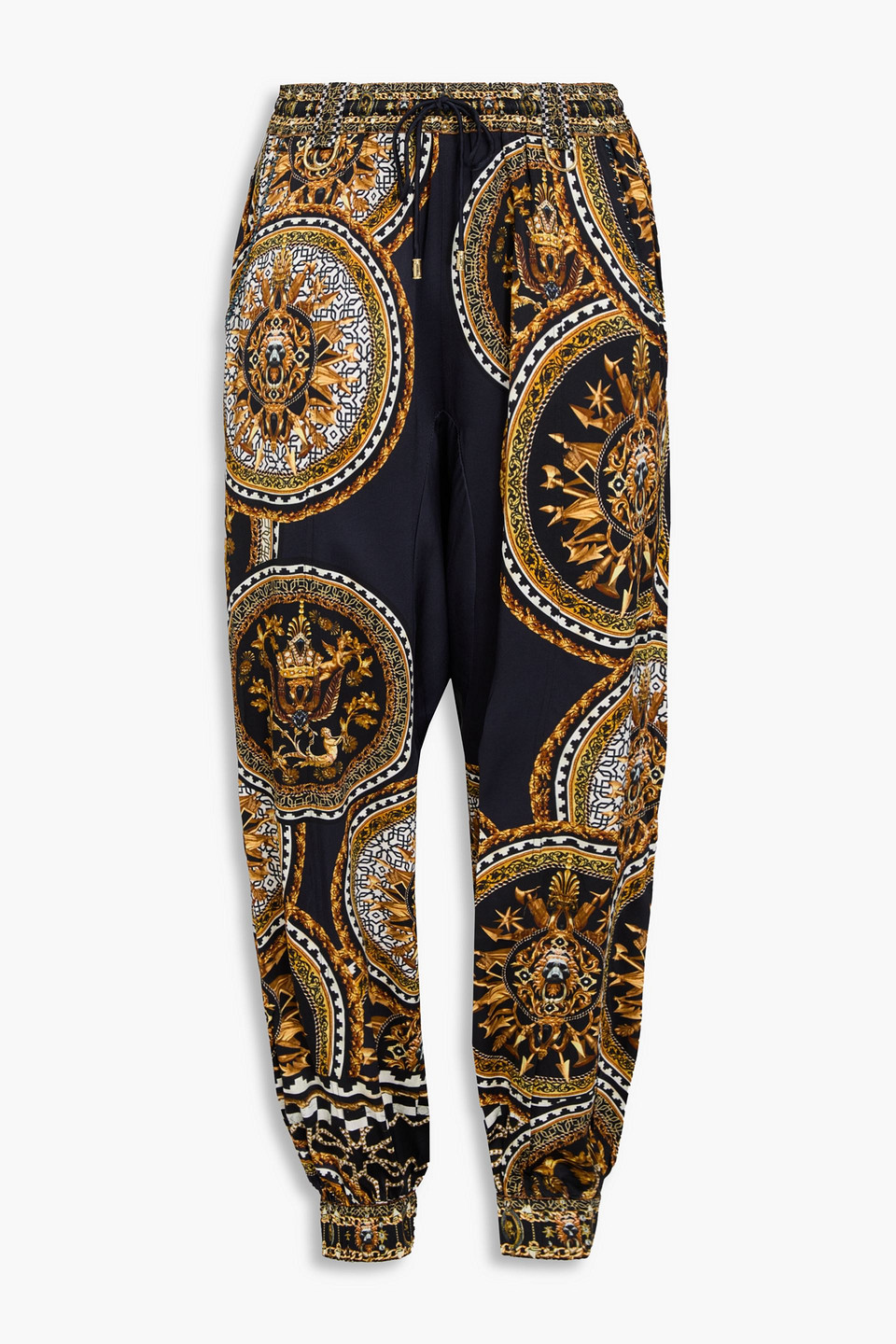 Camilla Cropped Crystal-embellished Printed Silk-satin Tapered Pants In Schwarz