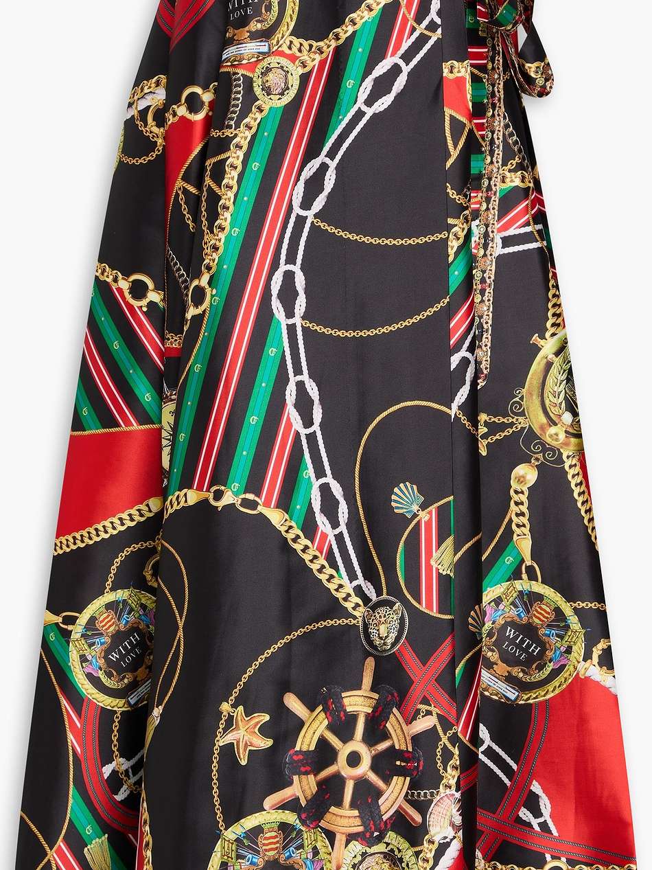 crystal-embellished printed satin maxi wrap skirt