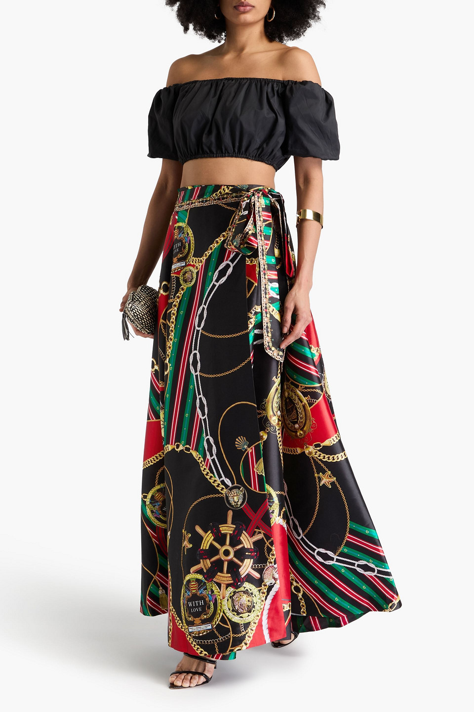 Camilla Crystal-embellished Printed Satin Maxi Wrap Skirt In Black