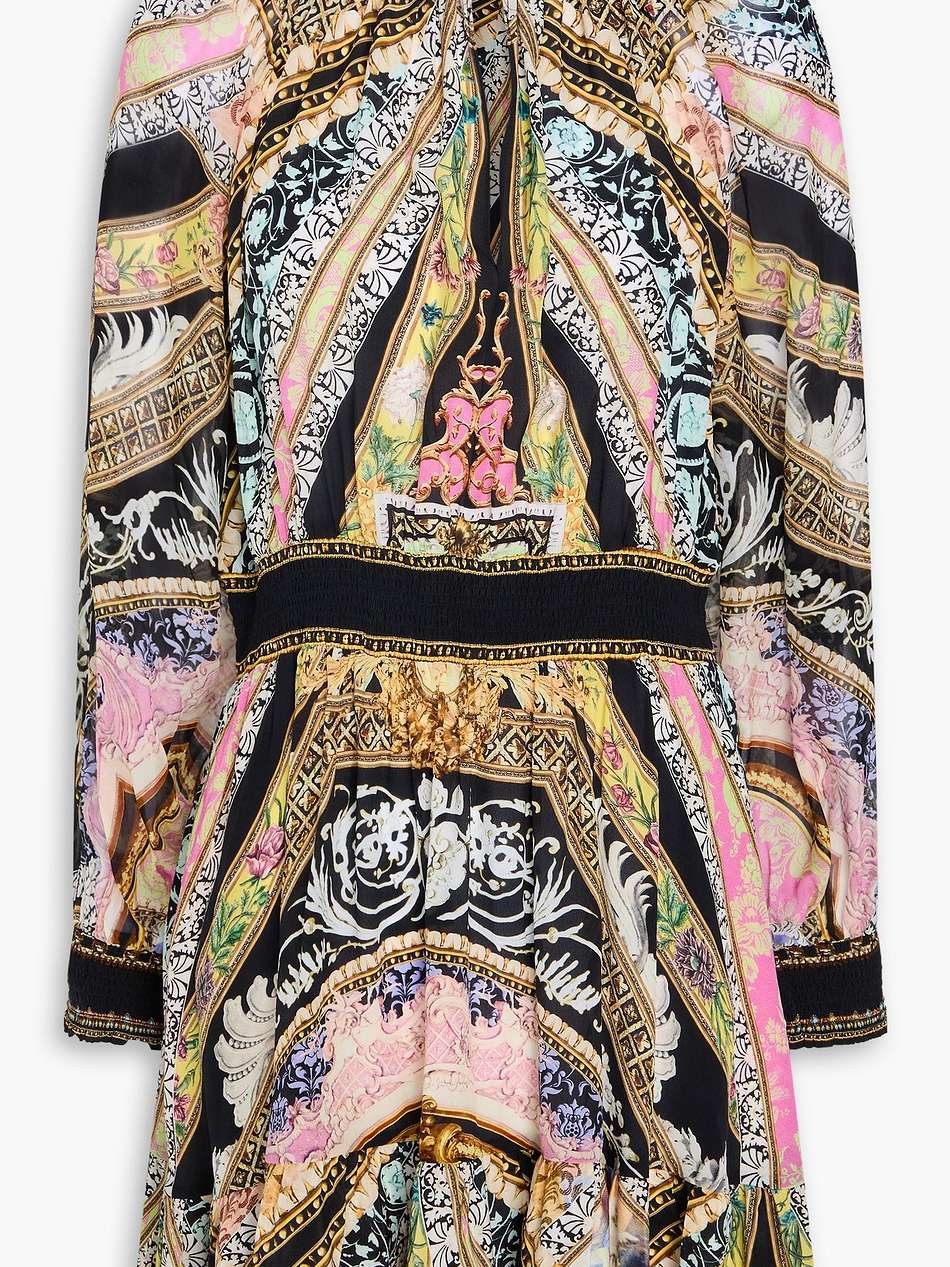 crystal-embellished printed silk crepe de chine mini dress