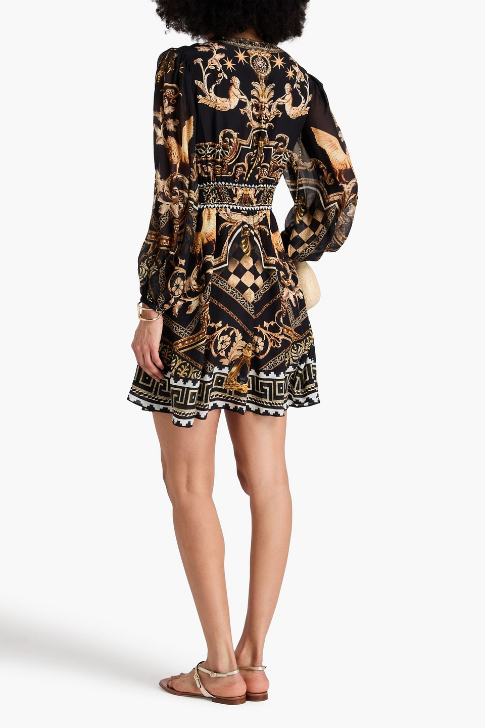 Camilla Graphic-print V-neck Silk Minidress In Black
