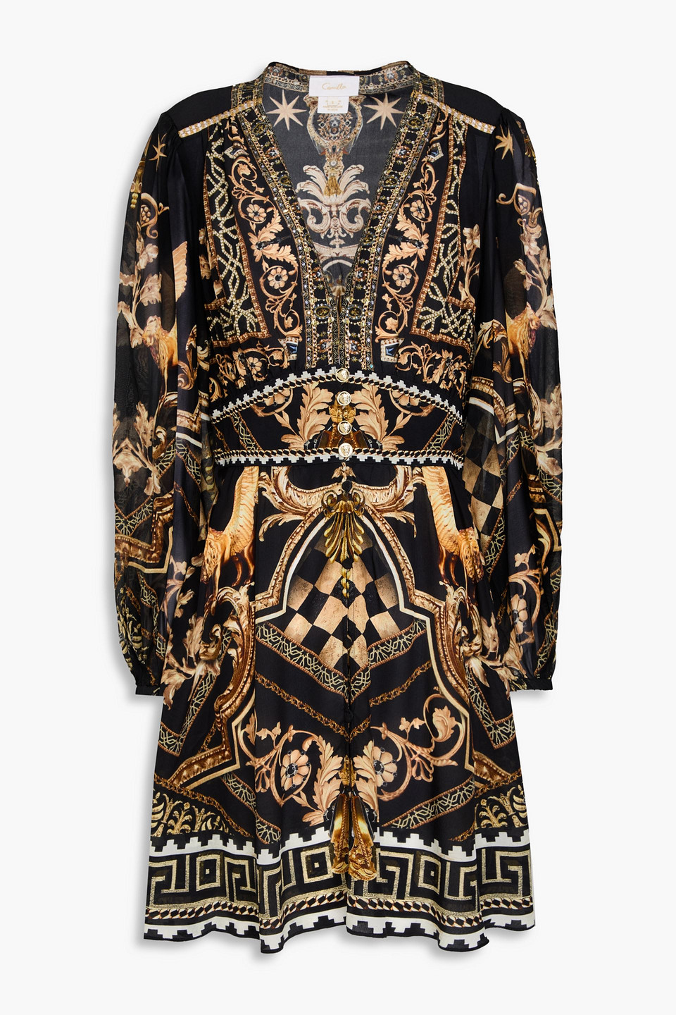 Camilla Graphic-print V-neck Silk Minidress In Black