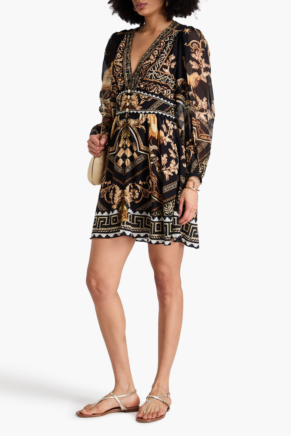 Camilla Graphic-print V-neck Silk Minidress In Black