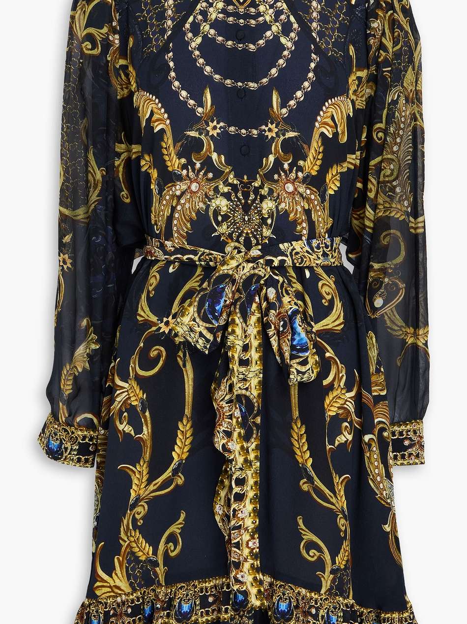 crystal-embellished printed silk crepe de chine shirt dress