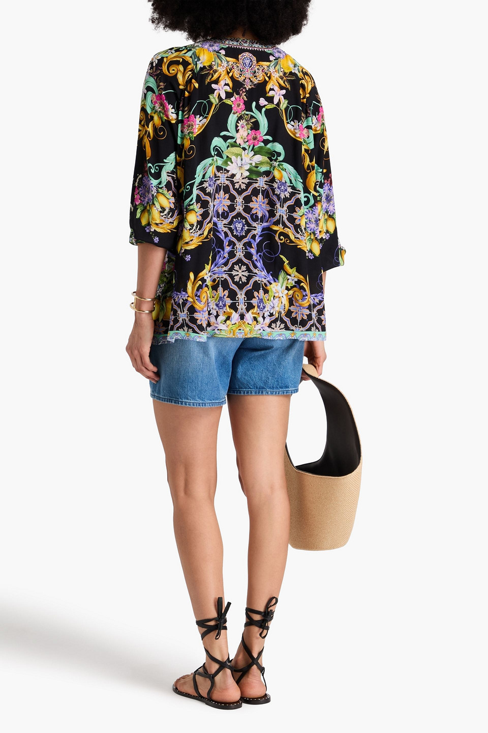 Shop Camilla Crystal-embellished Floral-print Silk Crepe De Chine Blouse In Black
