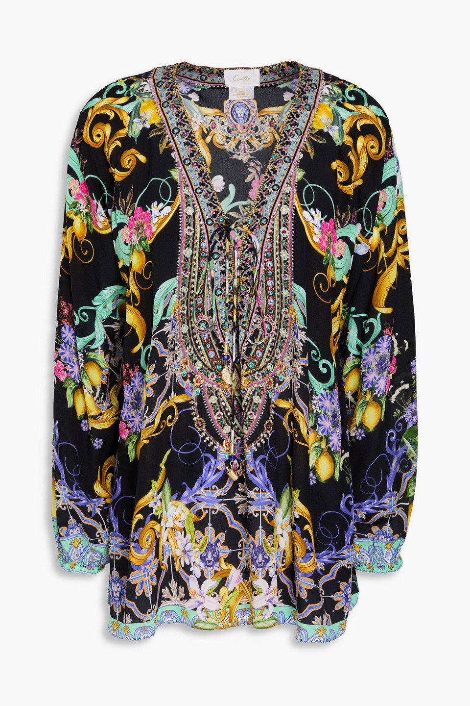 Camilla Crystal-embellished Floral-print Silk Crepe De Chine Blouse In Black