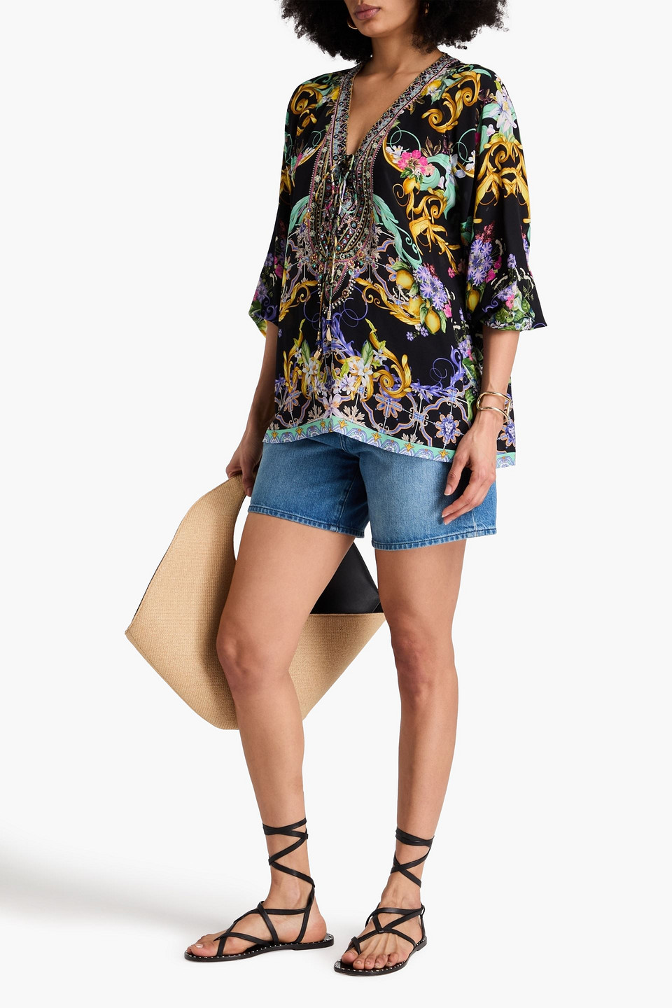 Shop Camilla Crystal-embellished Floral-print Silk Crepe De Chine Blouse In Black