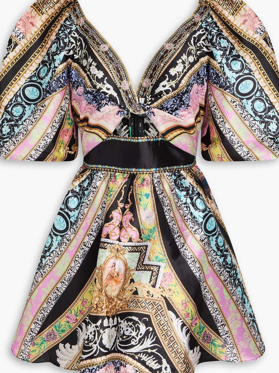 embellished twisted printed satin mini dress