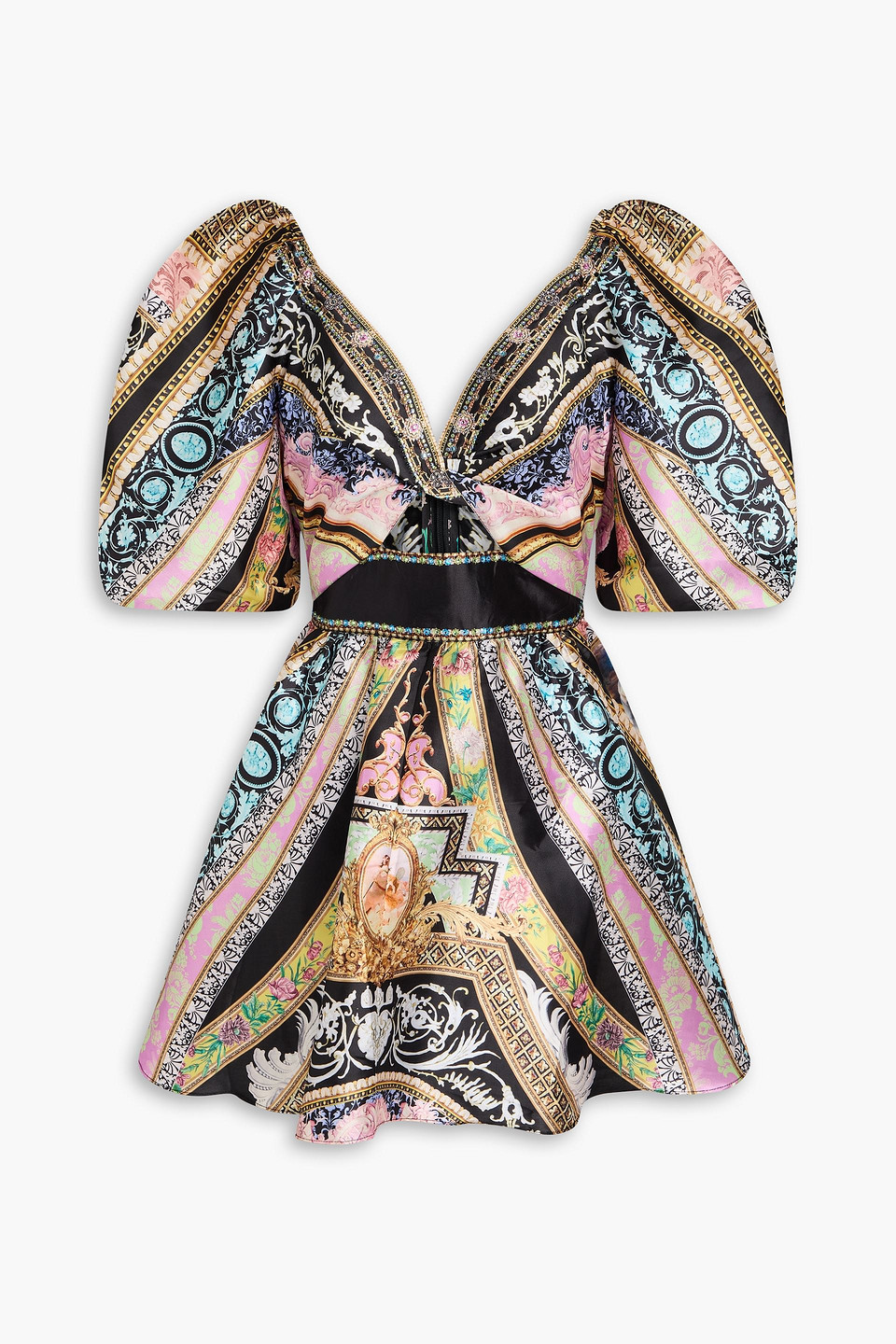 Camilla Verziertes Minikleid Aus Satin Mit Print Und Twist-detail In Schwarz