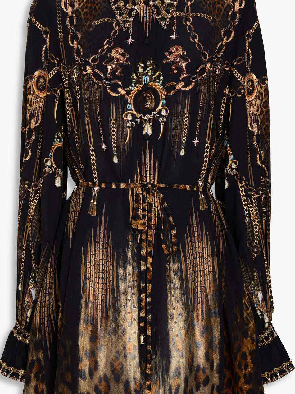 crystal-embellished printed silk crepe de chine mini shirt dress
