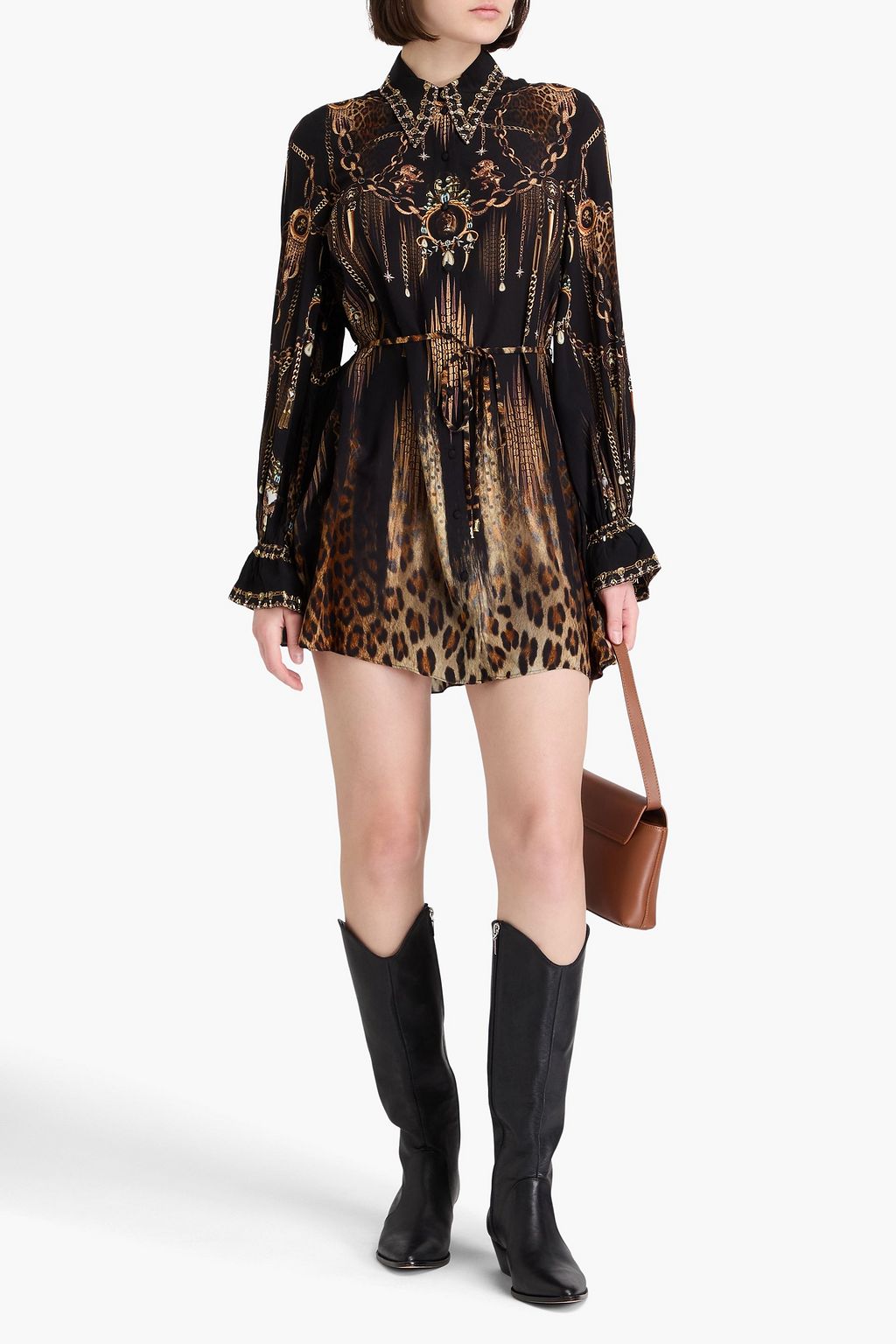 CAMILLA シルククレープデシン ミニシャツワンピース クリスタル付き プリント入り
