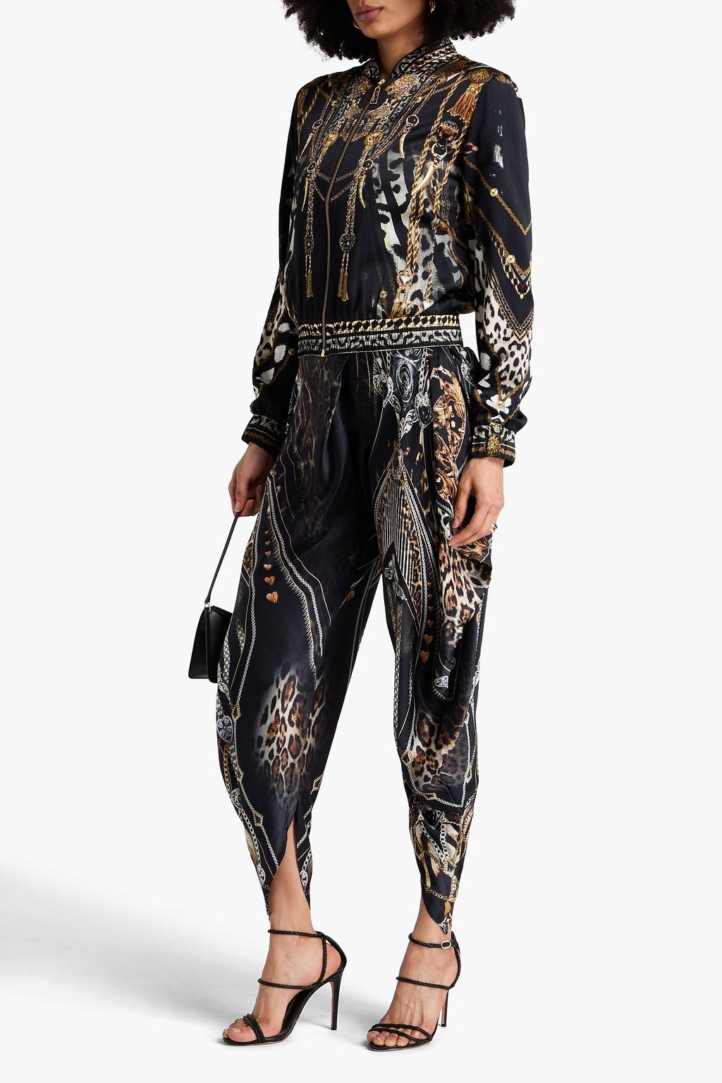 CAMILLA Crystal-embellished printed silk-satin crepe bomber jacket