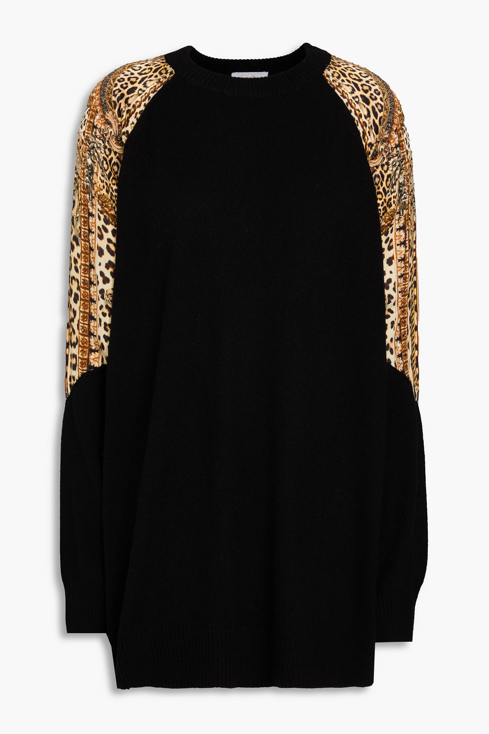 Leopard-print silk satin-paneled wool and cashmere-blend sweater