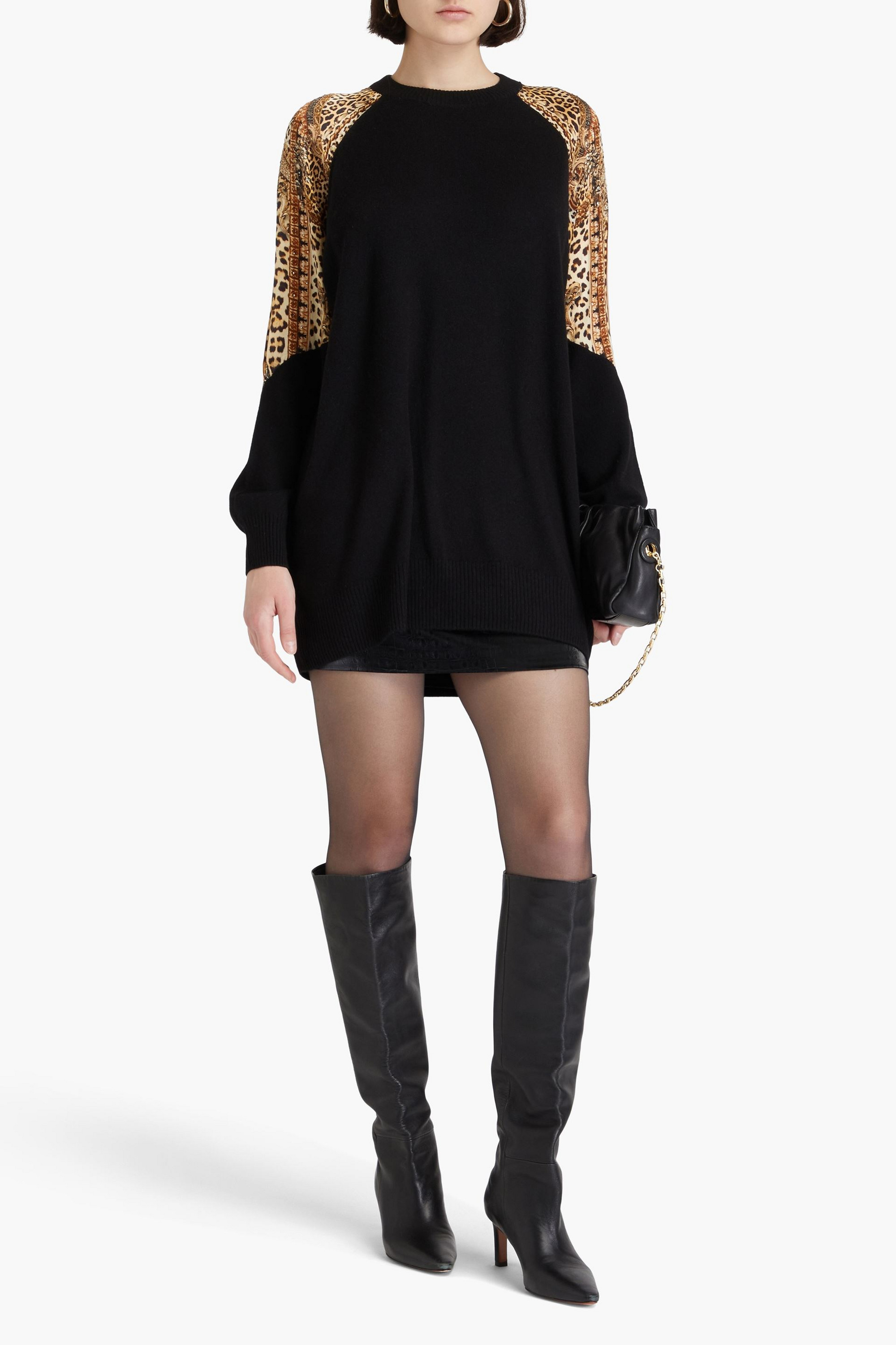 Camilla Leopard-print silk satin-paneled wool and cashmere-blend sweater