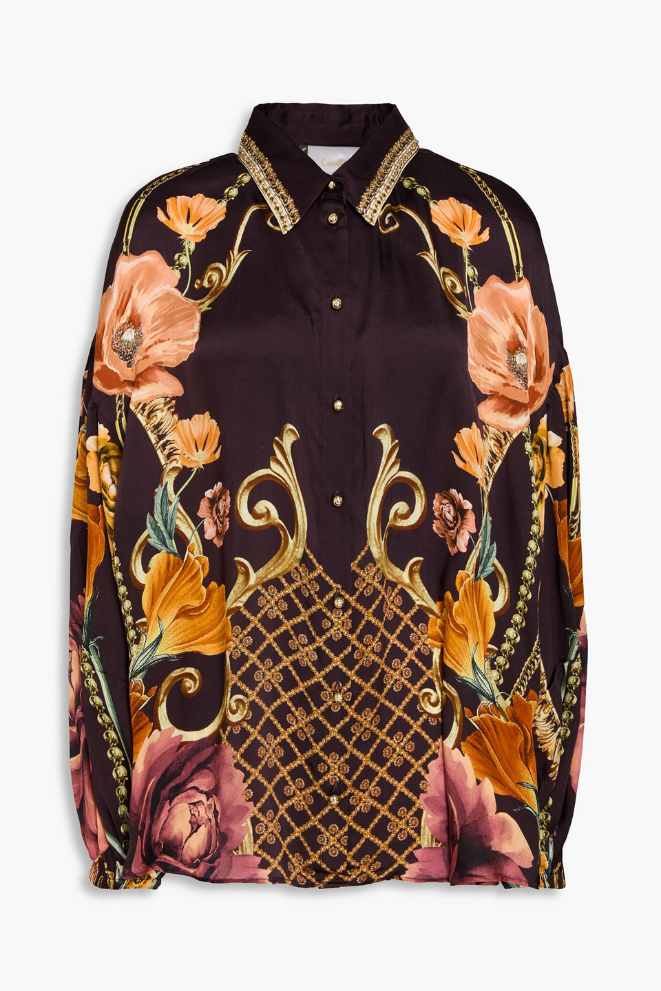 Camilla Crystal-embellished Printed Silk-charmeuse Shirt In Dark Brown