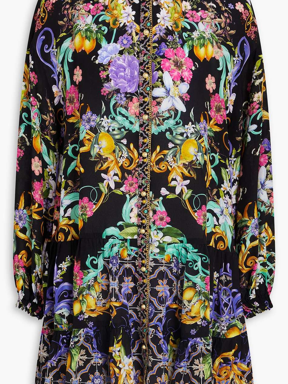 crystal-embellished floral-print silk crepe de chine mini shirt dress