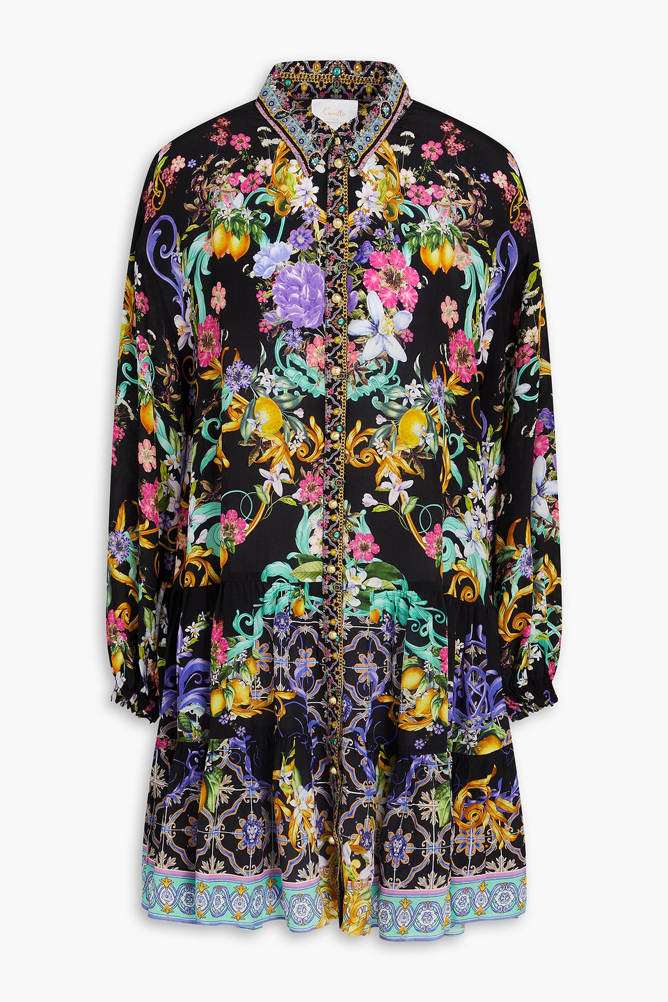 Camilla Crystal-embellished Floral-print Silk Crepe De Chine Mini Shirt Dress In Black