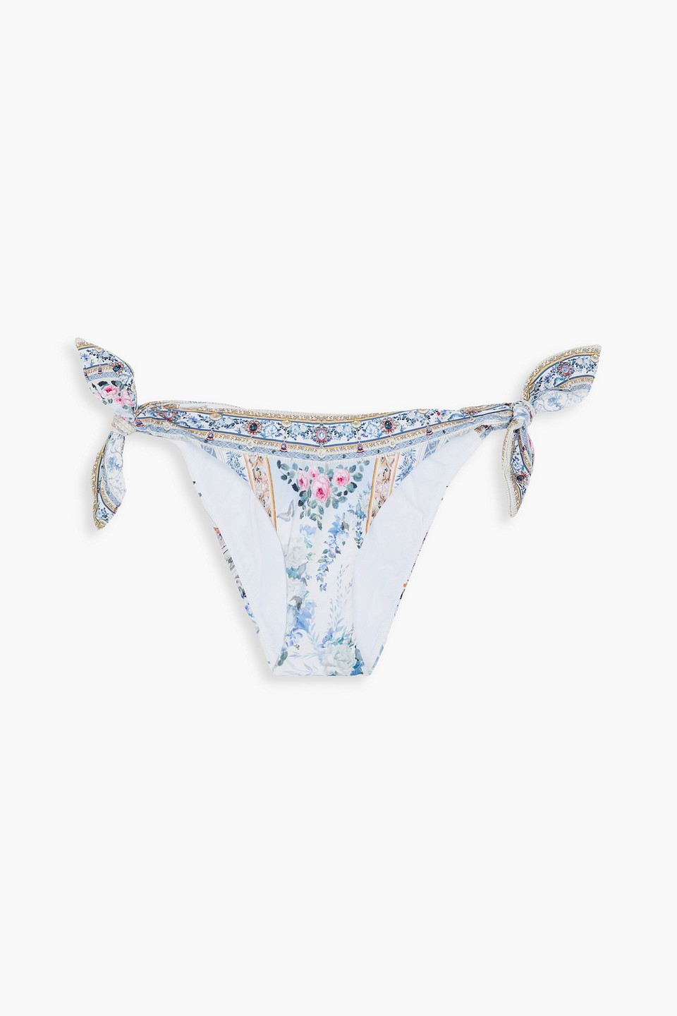 Camilla - Crystal-embellished printed low-rise bikini briefs - Blue - UK 12