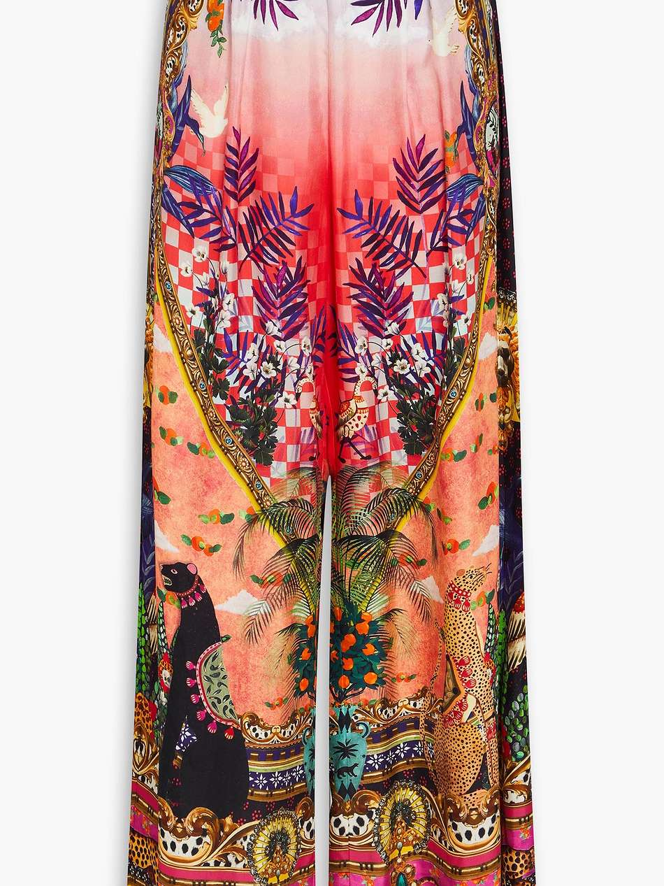 crystal-embellished printed silk-twill wide-leg pants