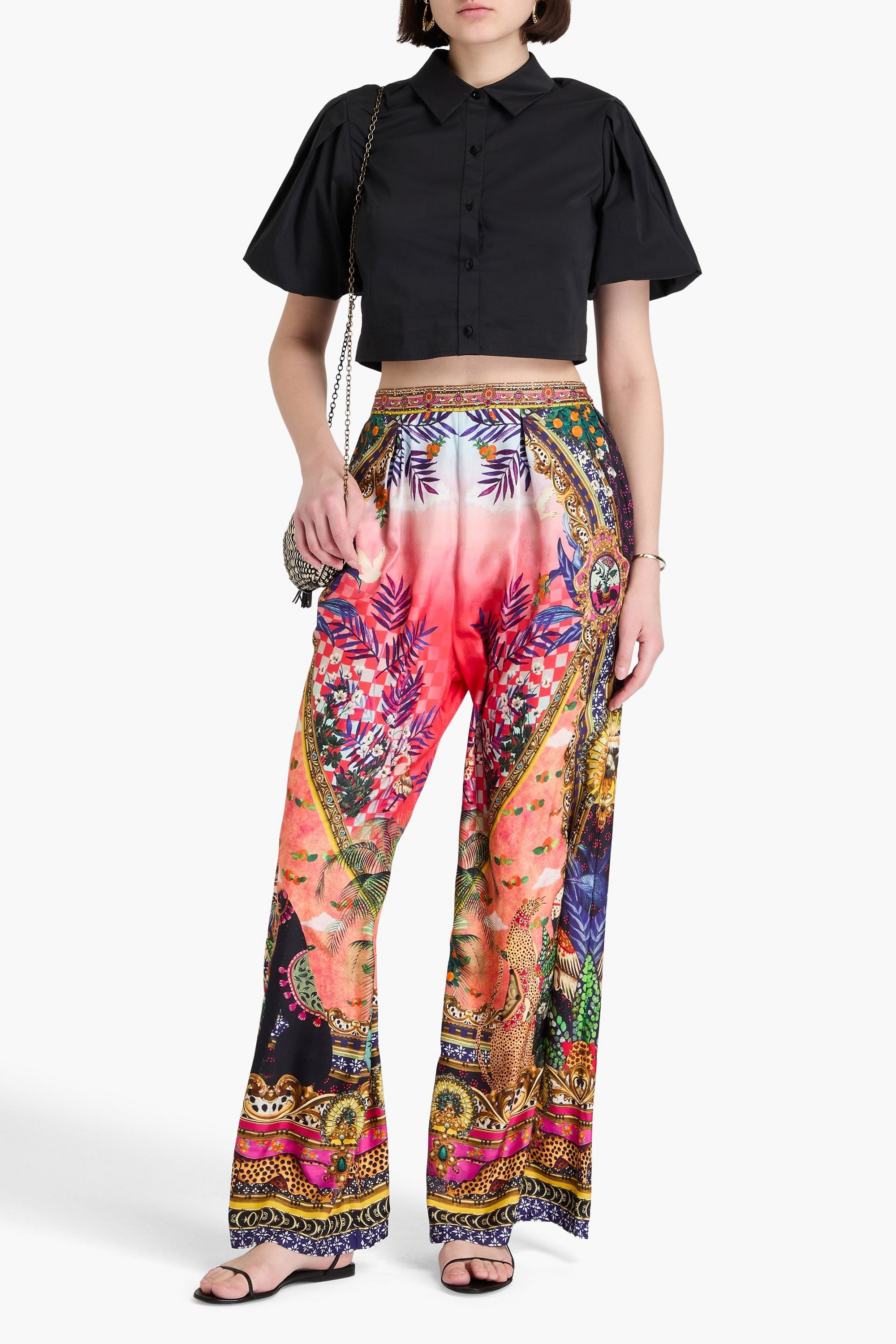 Camilla Crystal-embellished printed silk-twill wide-leg pants