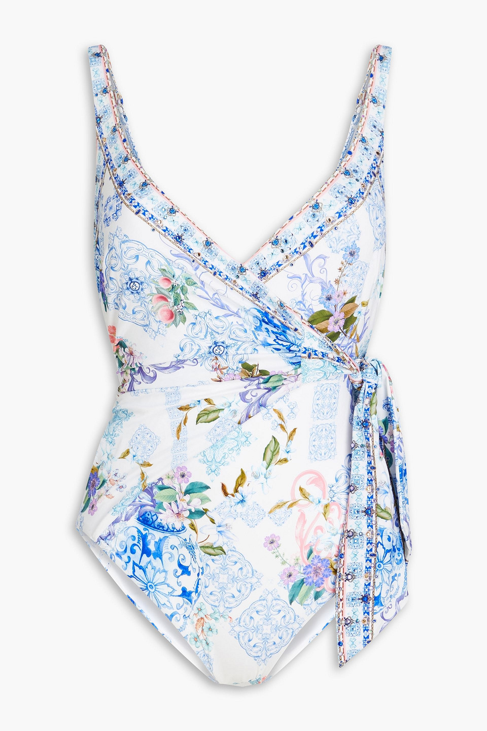 Wrap-effect embellished printed swimsuit