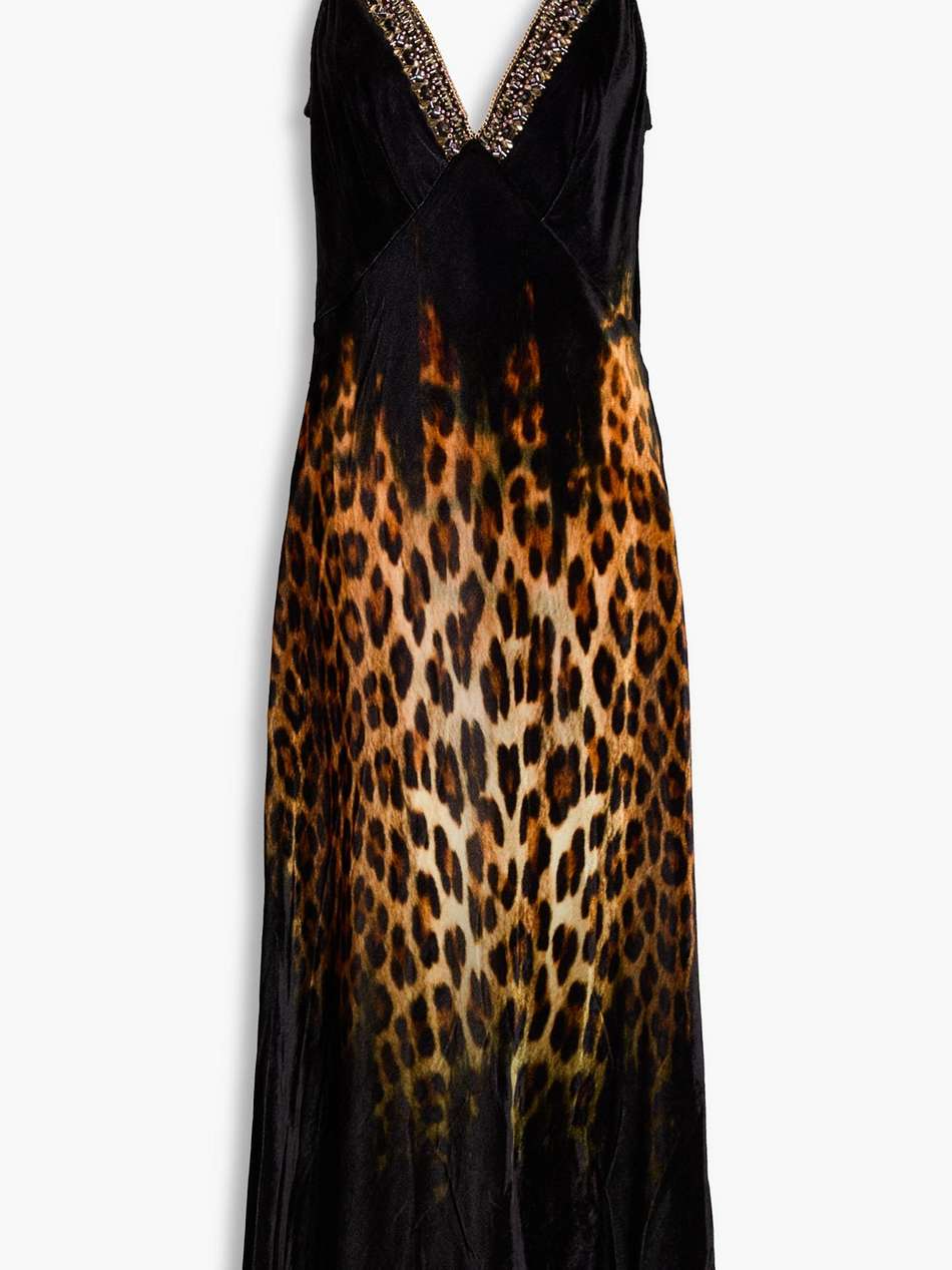 embellished leopard-print velvet midi slip dress