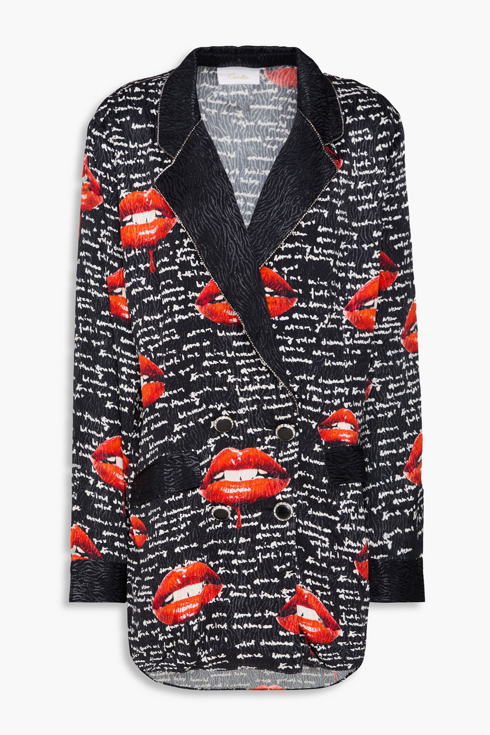 Camilla Double-breasted Printed Satin-jacquard Blazer In Black