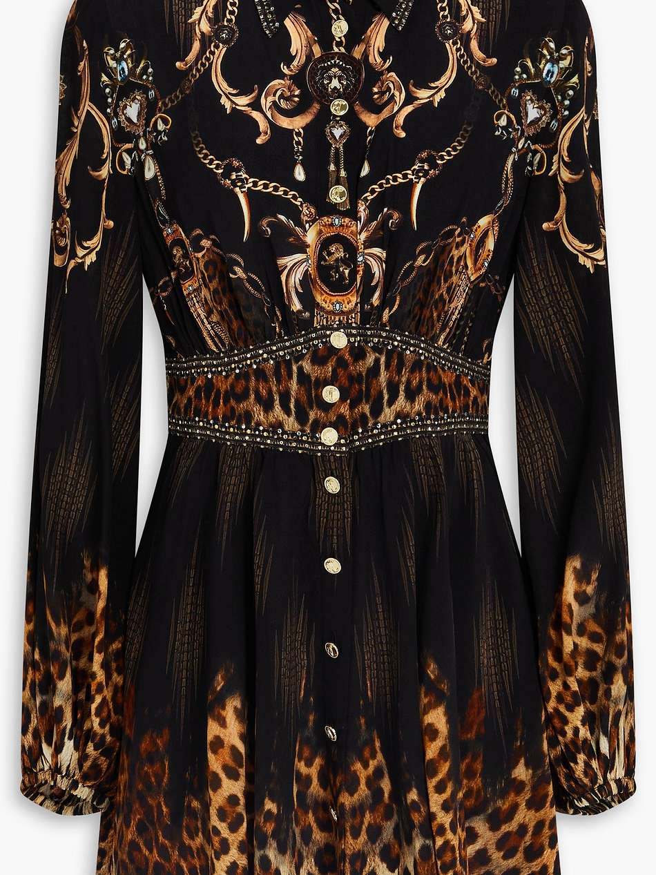 crystal-embellished printed silk crepe de chine mini shirt dress