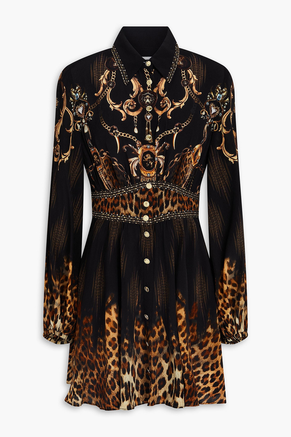 Camilla Crystal-embellished Printed Silk Crepe De Chine Mini Shirt Dress In Black