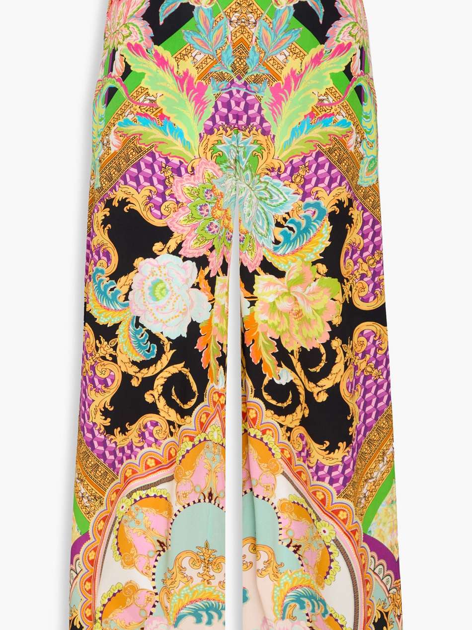 crystal-embellished printed silk crepe de chine wide-leg pants