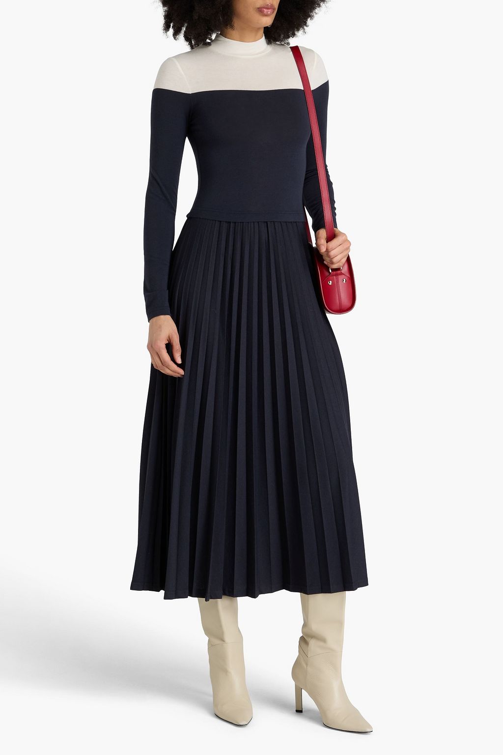 CLAUDIE PIERLOT Pleated two-tone cotton-blend jersey midi dress