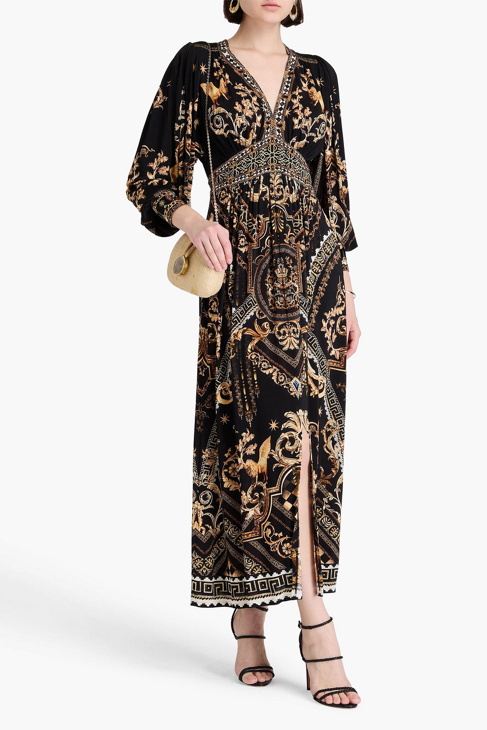 Shop Camilla Crystal-embellished Printed Stretch-jersey Maxi Dress In Black