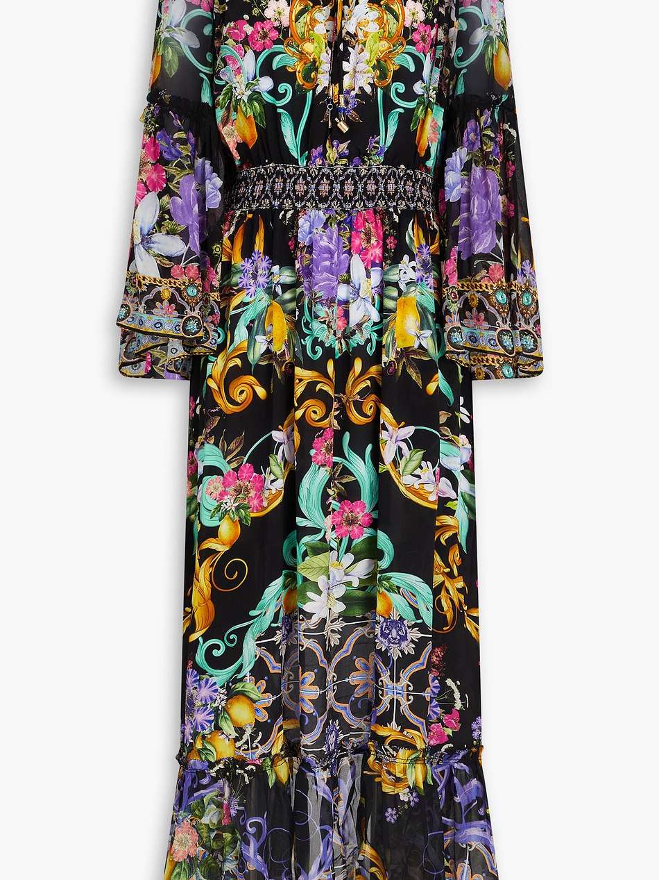 embellished floral-print silk crepe de chine and voile maxi dress