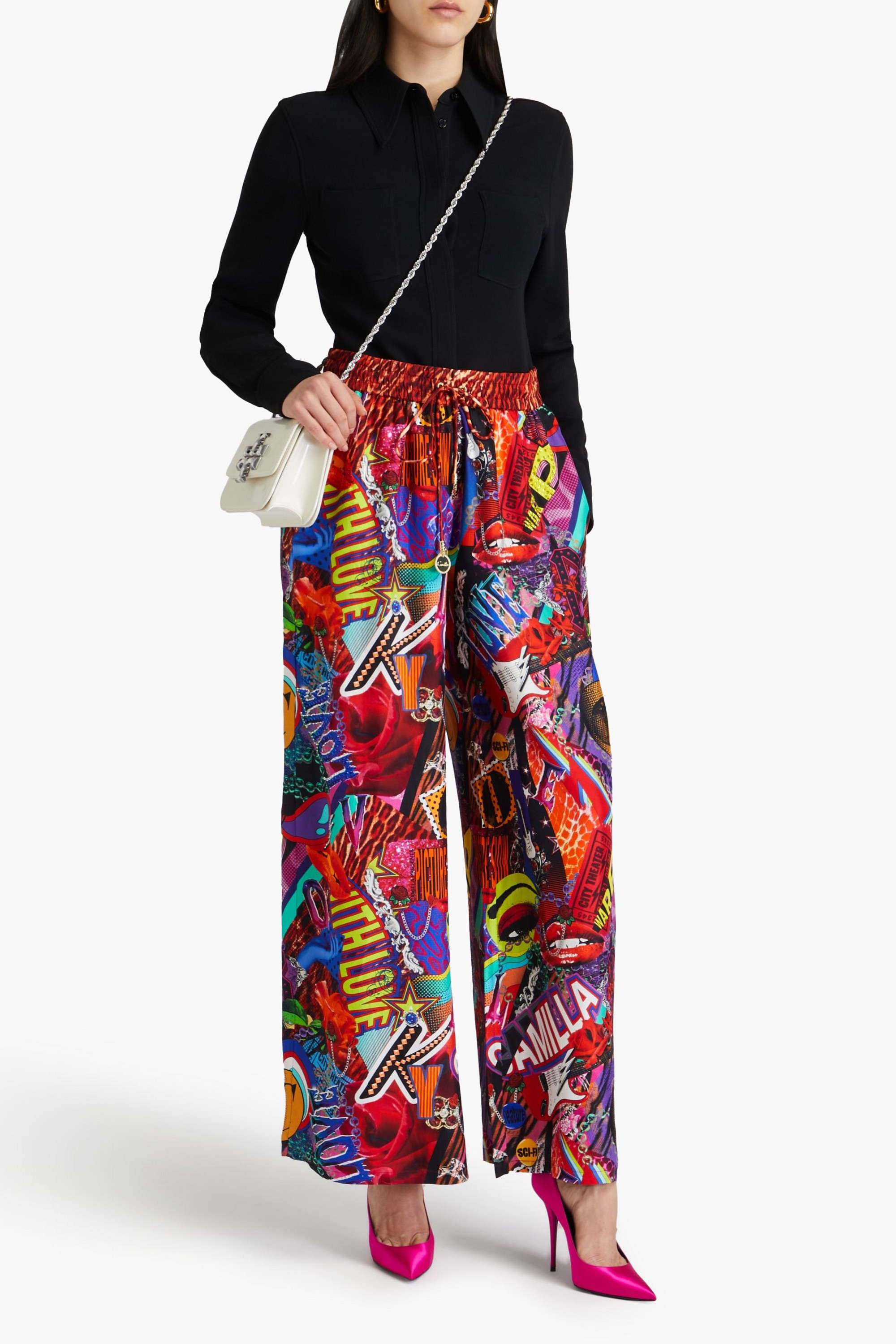 Camilla Crystal-embellished printed silk-twill wide-leg pants