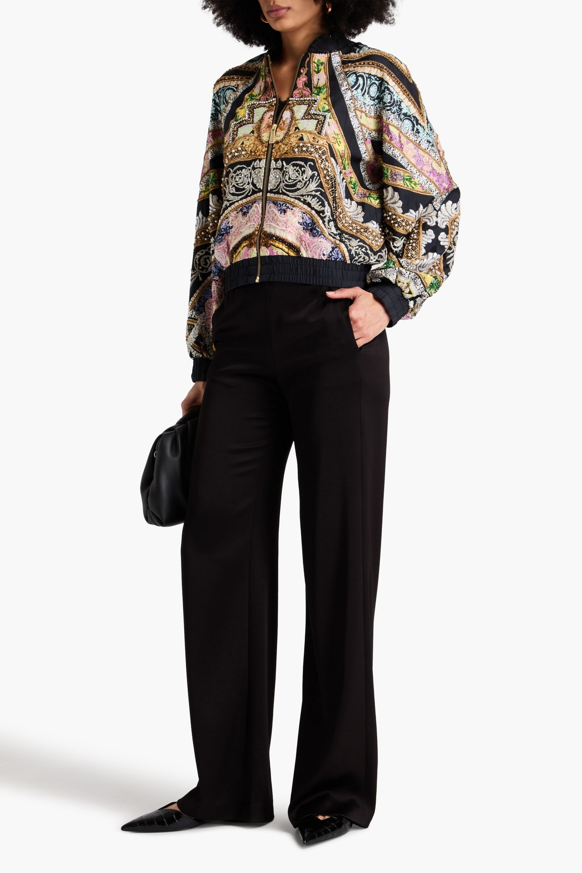 Camilla Embellished printed silk-twill bomber jacket