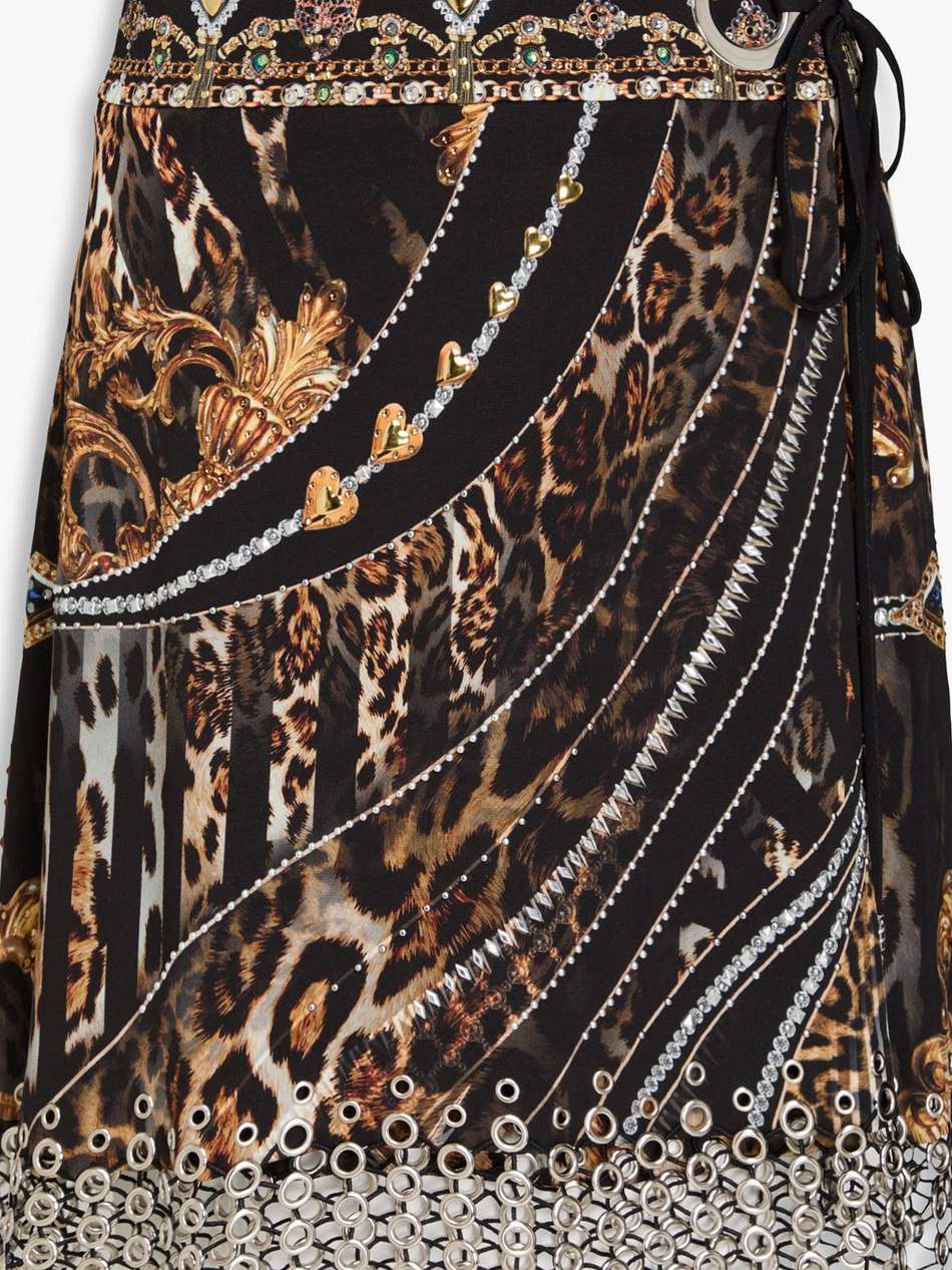 embellished printed stretch-crepe mini wrap skirt