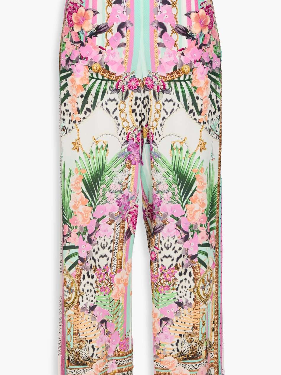 crystal-embellished printed silk crepe de chine wide-leg pants