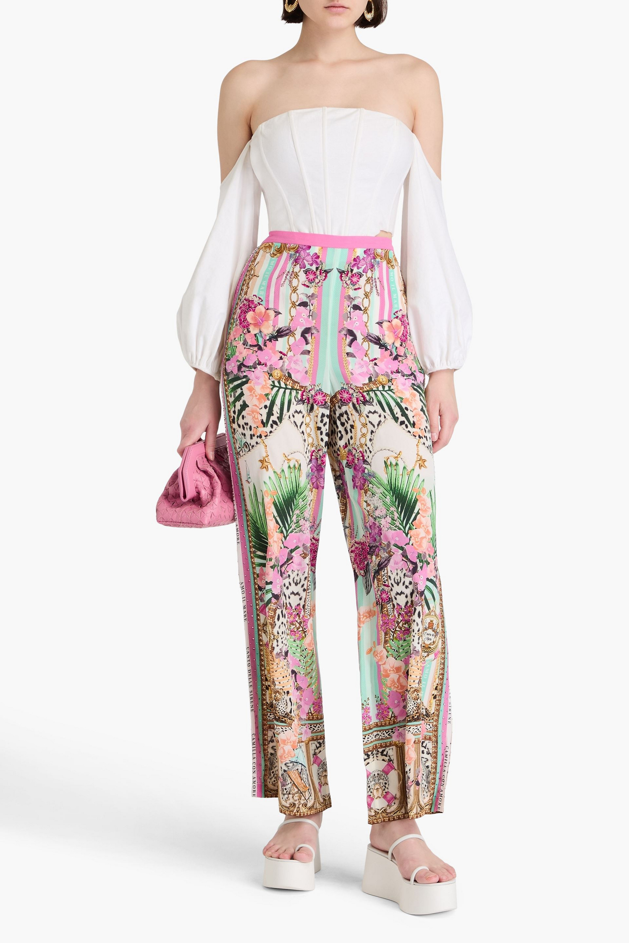 Camilla Crystal-embellished printed silk crepe de chine wide-leg pants