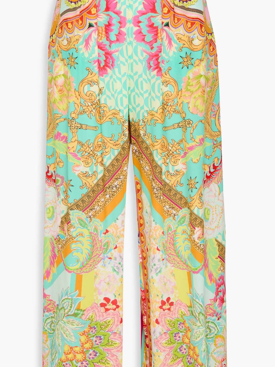 crystal-embellished printed silk crepe de chine wide-leg pants