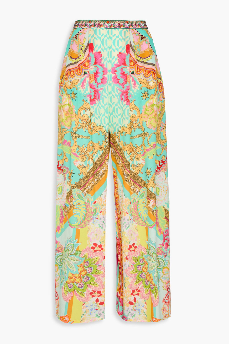 Crystal-embellished printed silk crepe de chine wide-leg pants