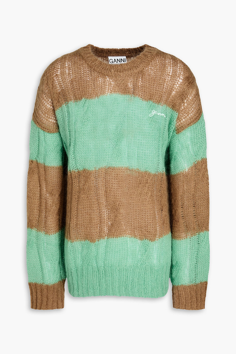 Ganni Striped Cable-knit Merino Wool-blend Sweater In Green